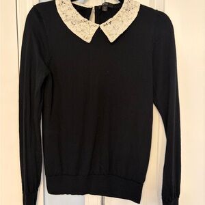 J. Crew Black Merino Wool Sweater with Lace Collar